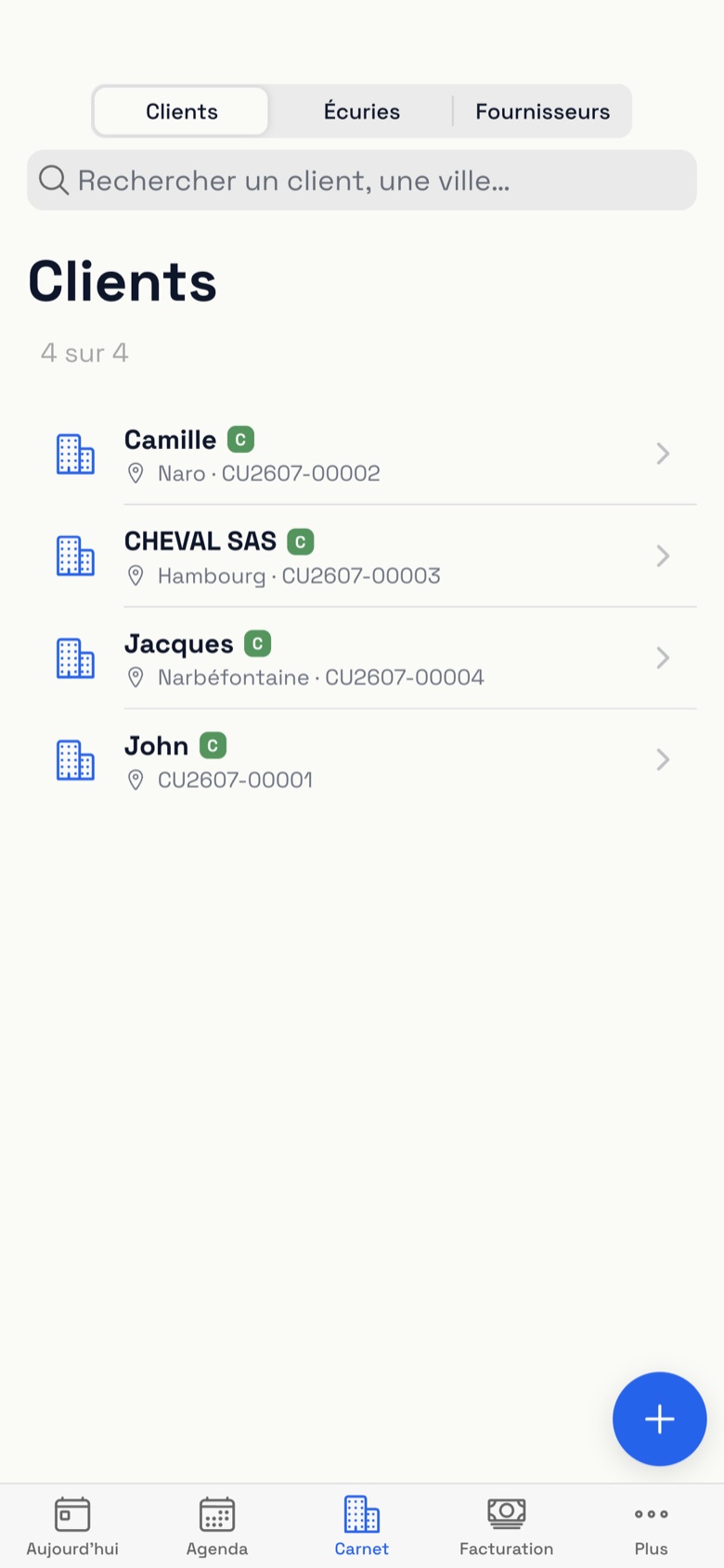 Liste des clients, écuries et fournisseurs avec recherche par nom ou ville